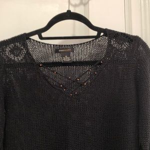 BCBG Black knit v neck top with wood bead accents